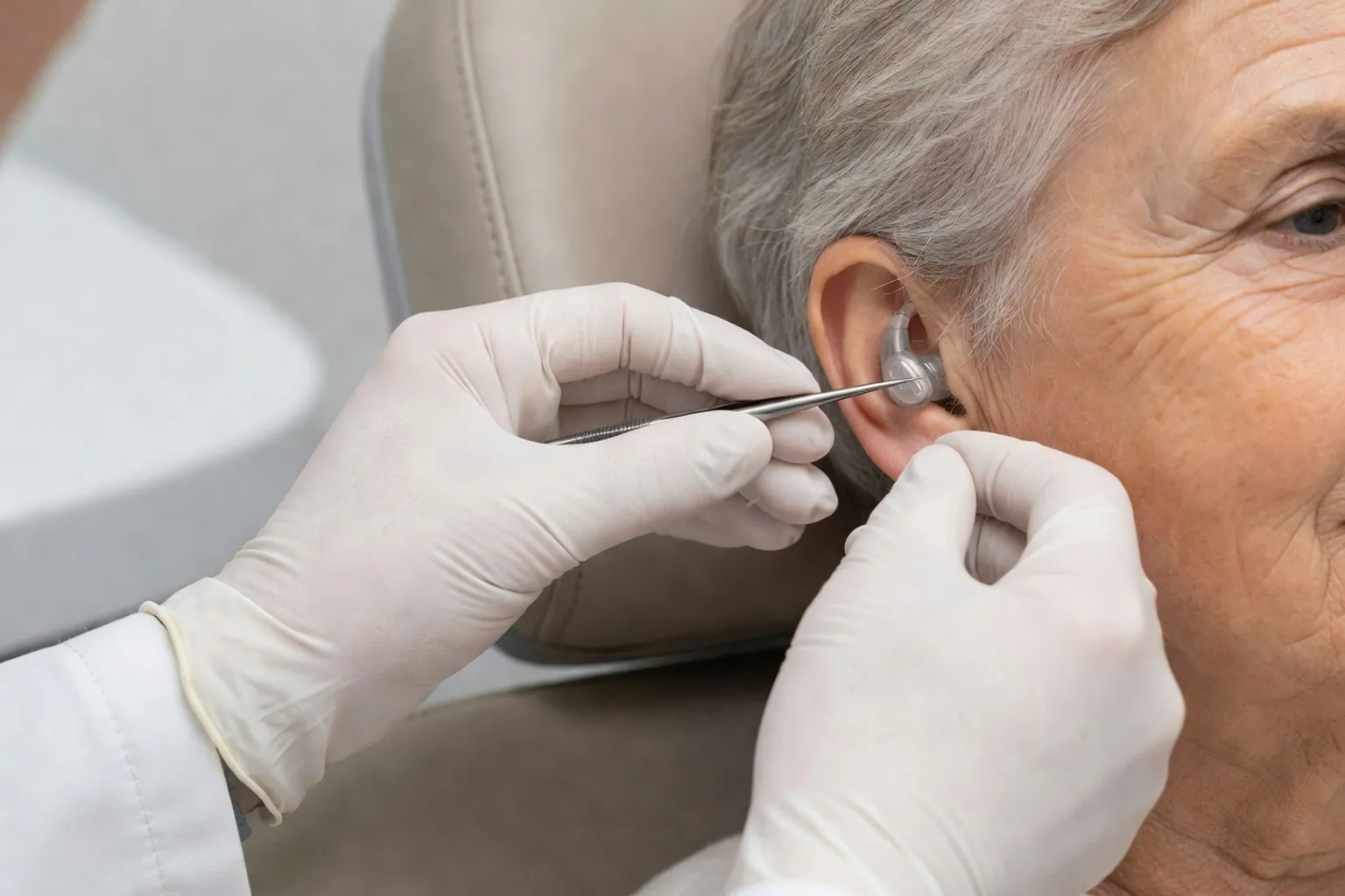 Audiologiste ajustant une audioprothèse intra-auriculaire discrète sur une patiente caucasienne européenne âgée, en cabinet médical