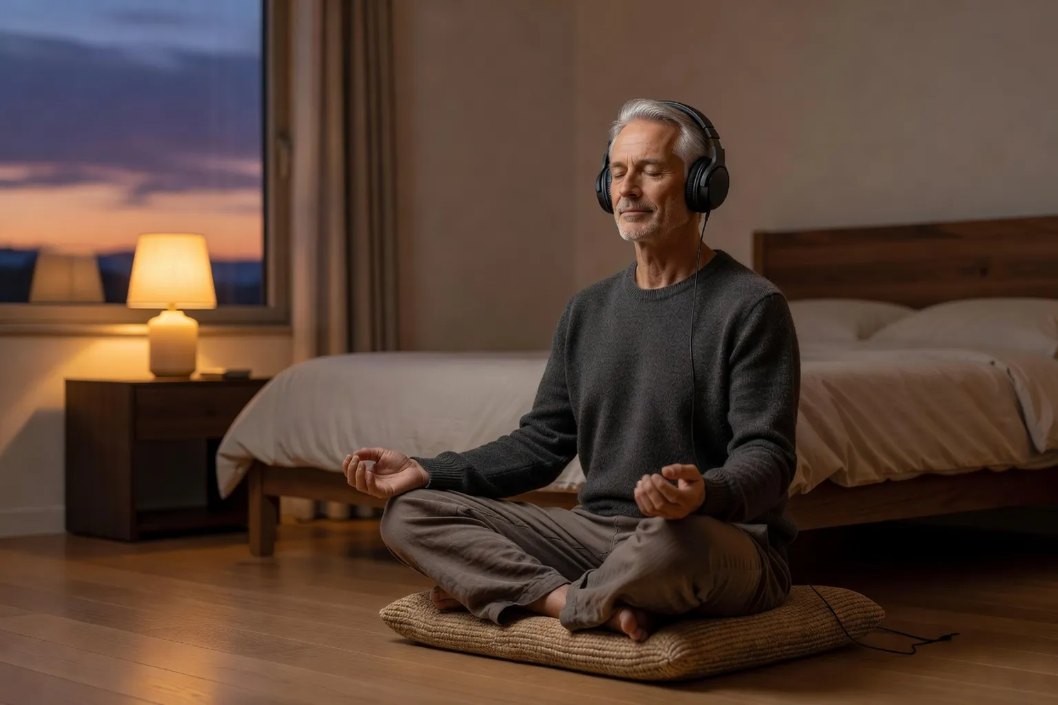 Homme caucasien français d'une soixantaine d'années pratiquant la méditation de pleine conscience dans une chambre à coucher au crépuscule, casque audio diffusant du bruit blanc apaisant