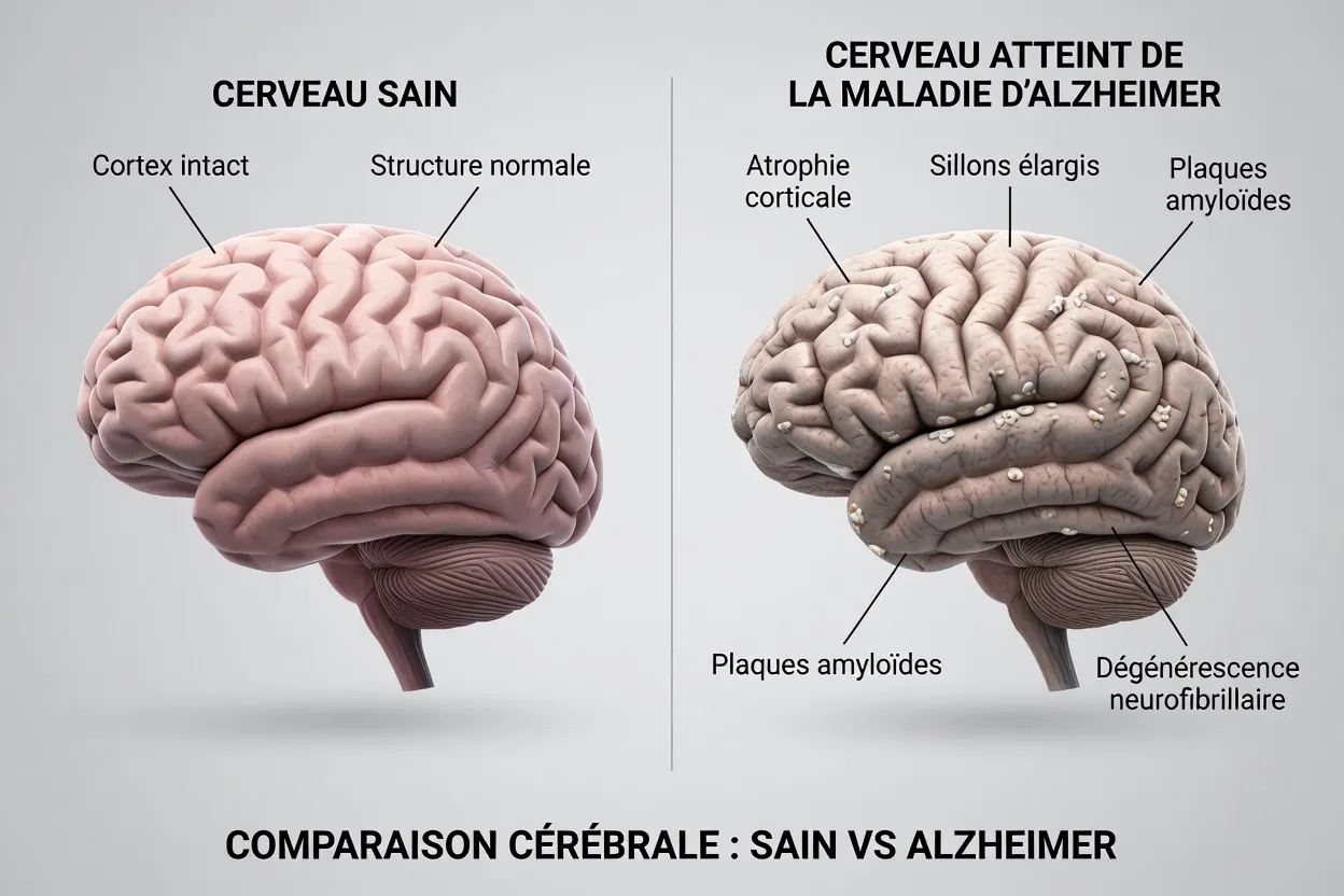 Illustration médicale d'une coupe de cerveau sain comparé à un cerveau touché par Alzheimer