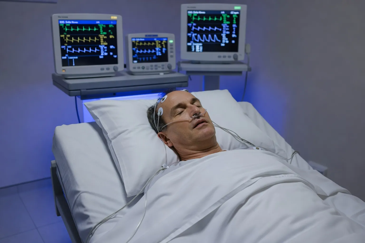 Salle de polysomnographie avec patient caucasien européen quinquagénaire portant lunettes nasales et capteurs EEG, ambiance clinique calme de laboratoire du sommeil avec écrans de monitoring