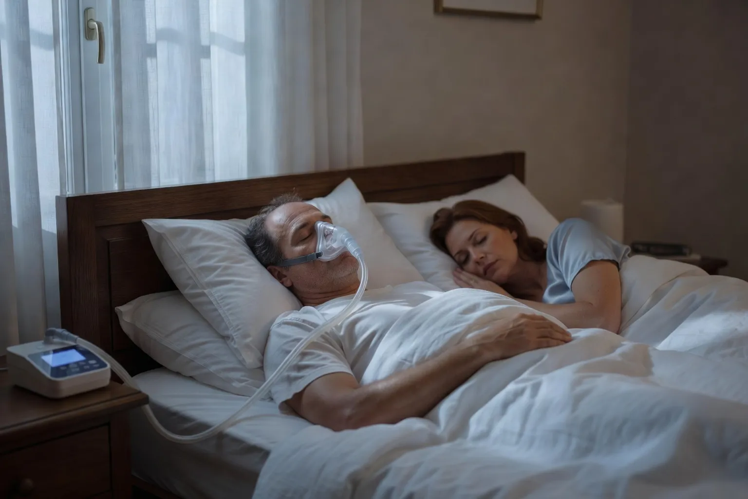 Scène de chambre à coucher la nuit, homme caucasien français quinquagénaire utilisant une machine PPC avec masque nasal, respiration paisible, partenaire endormie à ses côtés, lumière douce de lune à travers les rideaux