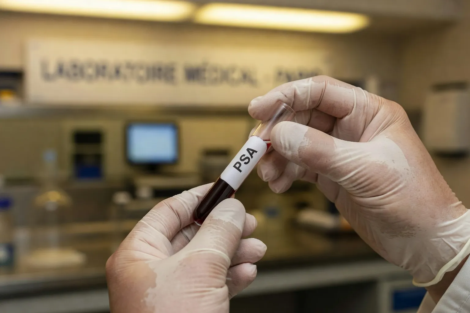 Plan rapproché des mains d'un médecin tenant un tube de prélèvement sanguin avec étiquette PSA, arrière-plan flou d'un laboratoire français, éclairage clinique chaleureux
