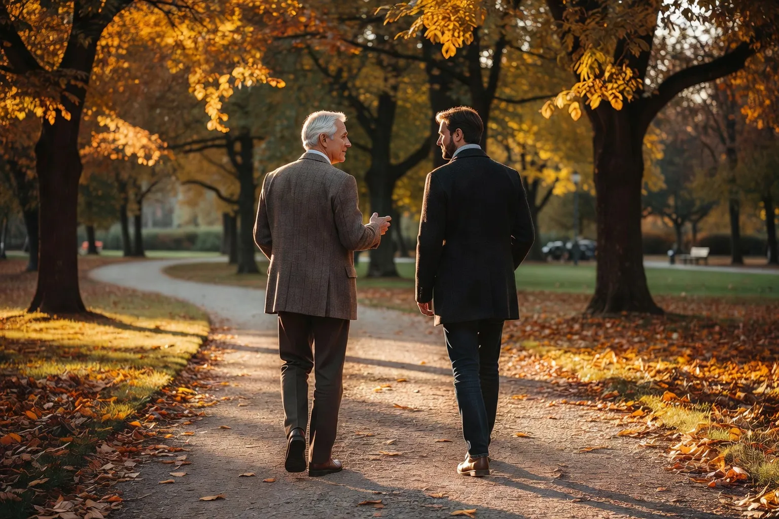 Homme caucasien européen âgé et son fils adulte marchant calmement dans un parc à l'automne, conversation intergénérationnelle bienveillante, lumière dorée du soleil bas, photographie éditoriale familiale, visages non identifiables
