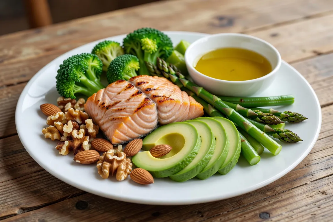 Assiette méditerranéenne : saumon, noix, avocat et légumes verts pour prévenir le cholestérol