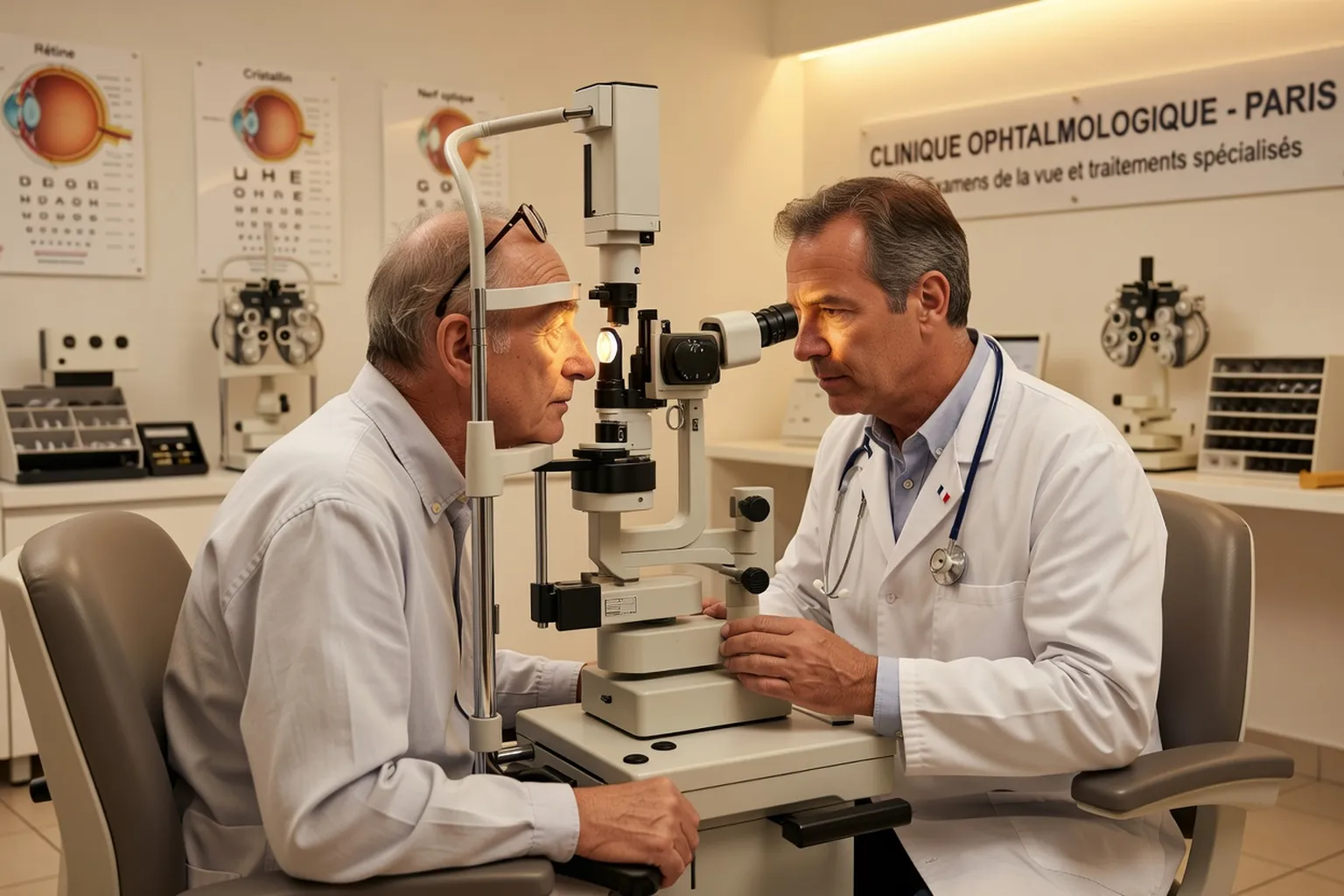 Ophtalmologiste examinant une patiente caucasienne française d'une soixantaine d'années à la lampe à fente, clinique d'ophtalmologie moderne, éclairage clinique chaleureux