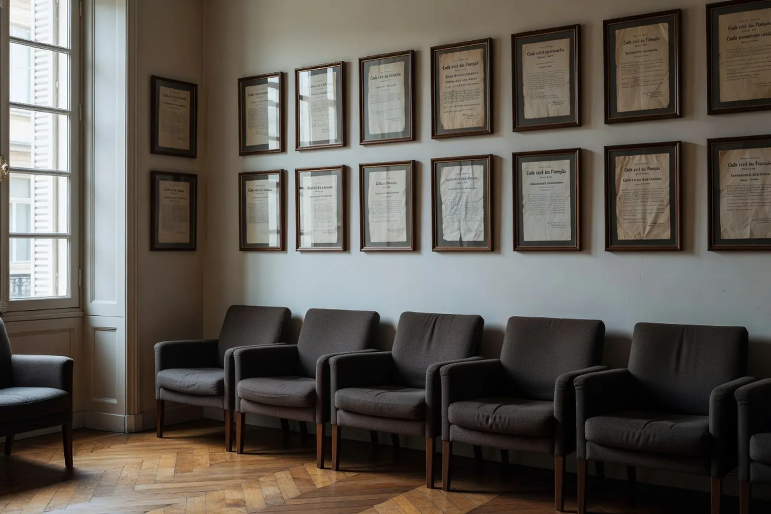 Salle d'attente d'un cabinet d'avocate avec dossier medical sur le bureau