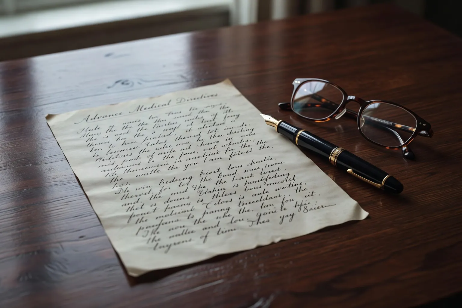 Document de directives anticipees rempli a la main, posé sur une table avec un stylo