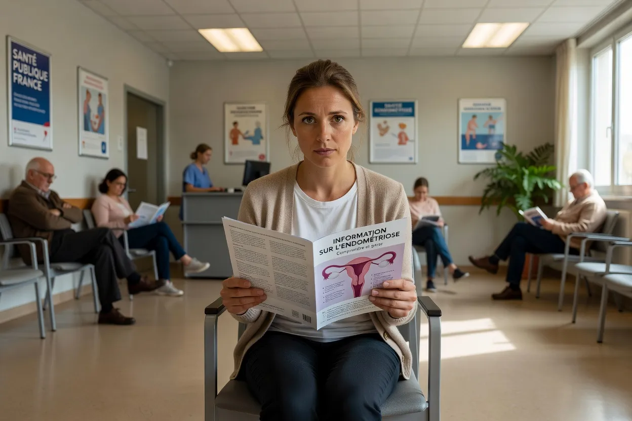 Femme tenant une brochure d’information sur l’endométriose dans une salle d’attente hospitalière