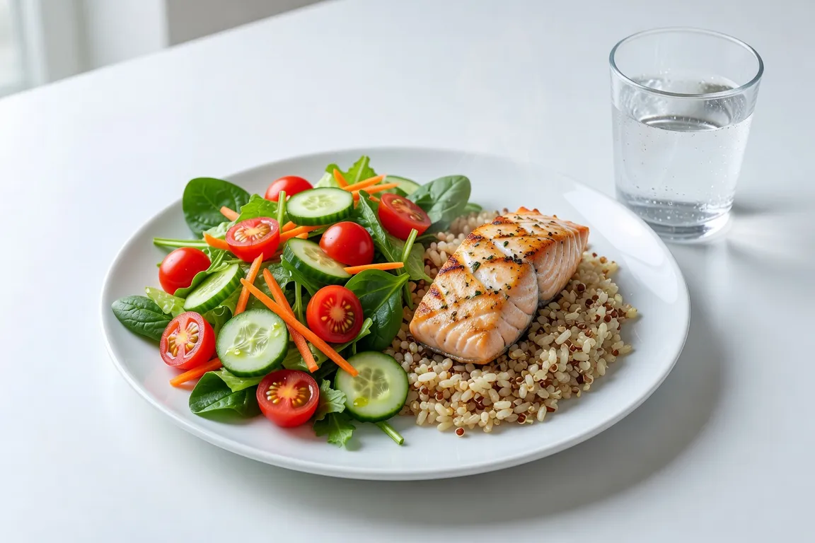 Assiette DASH équilibrée : légumes frais, poisson, céréales complètes, sans sel ajouté