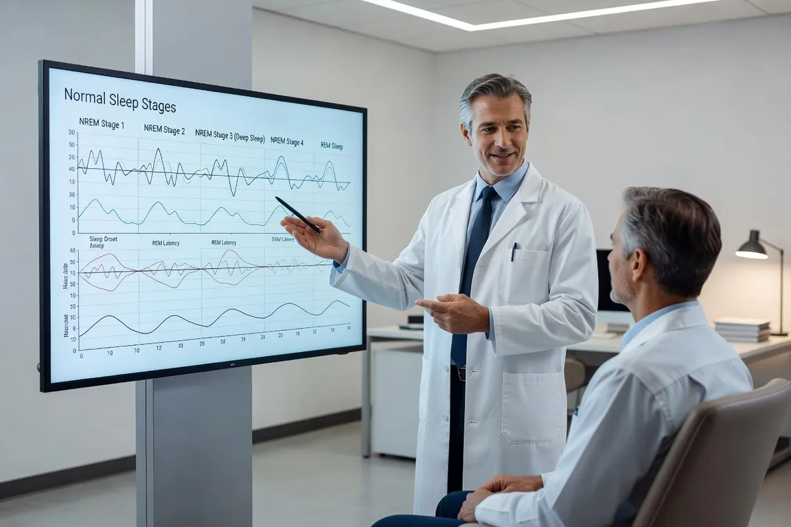 Spécialiste du sommeil expliquant un graphique de cycle de sommeil à un patient