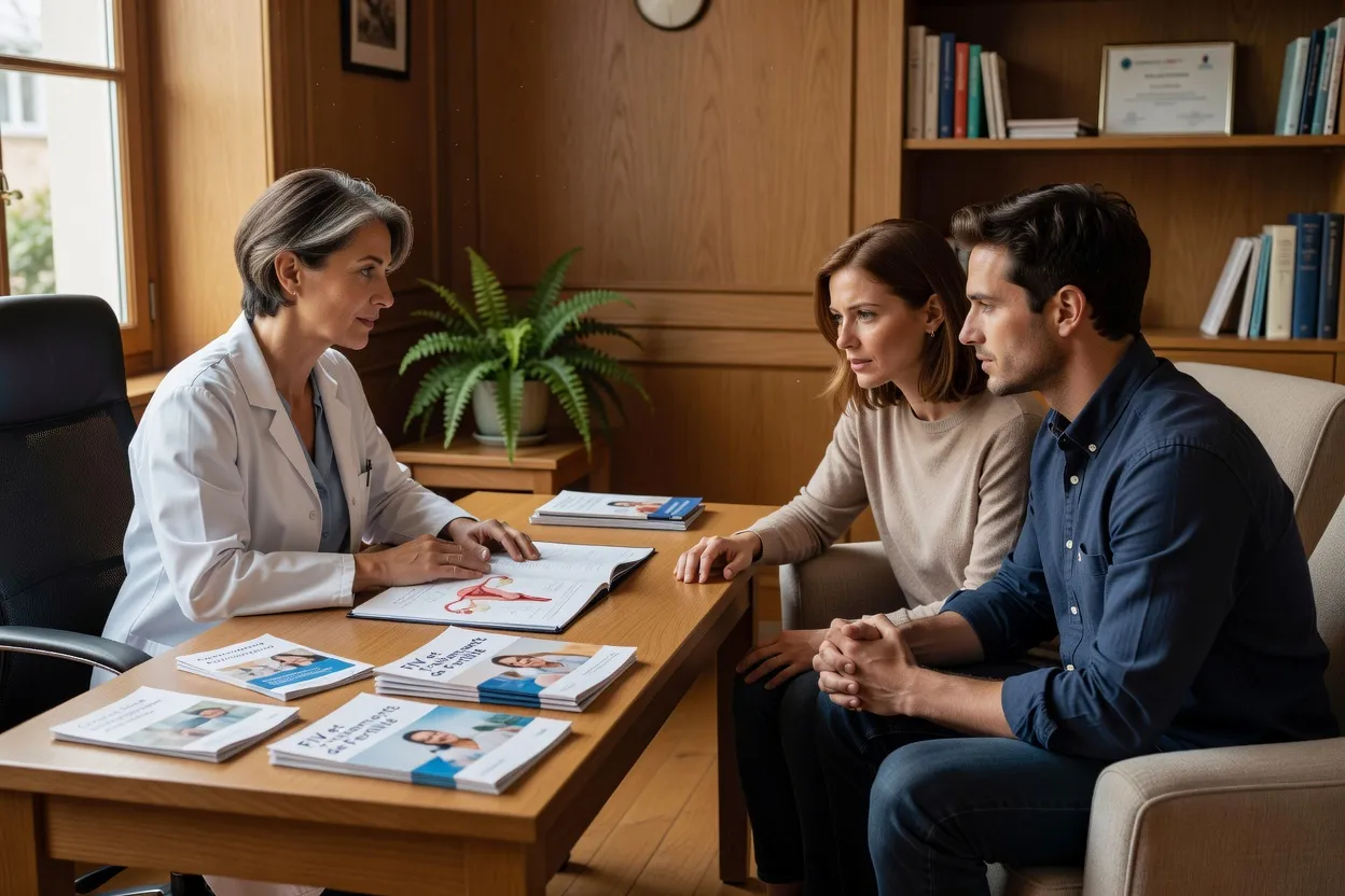 Jeune couple consultant un médecin avec des documents sur la PMA