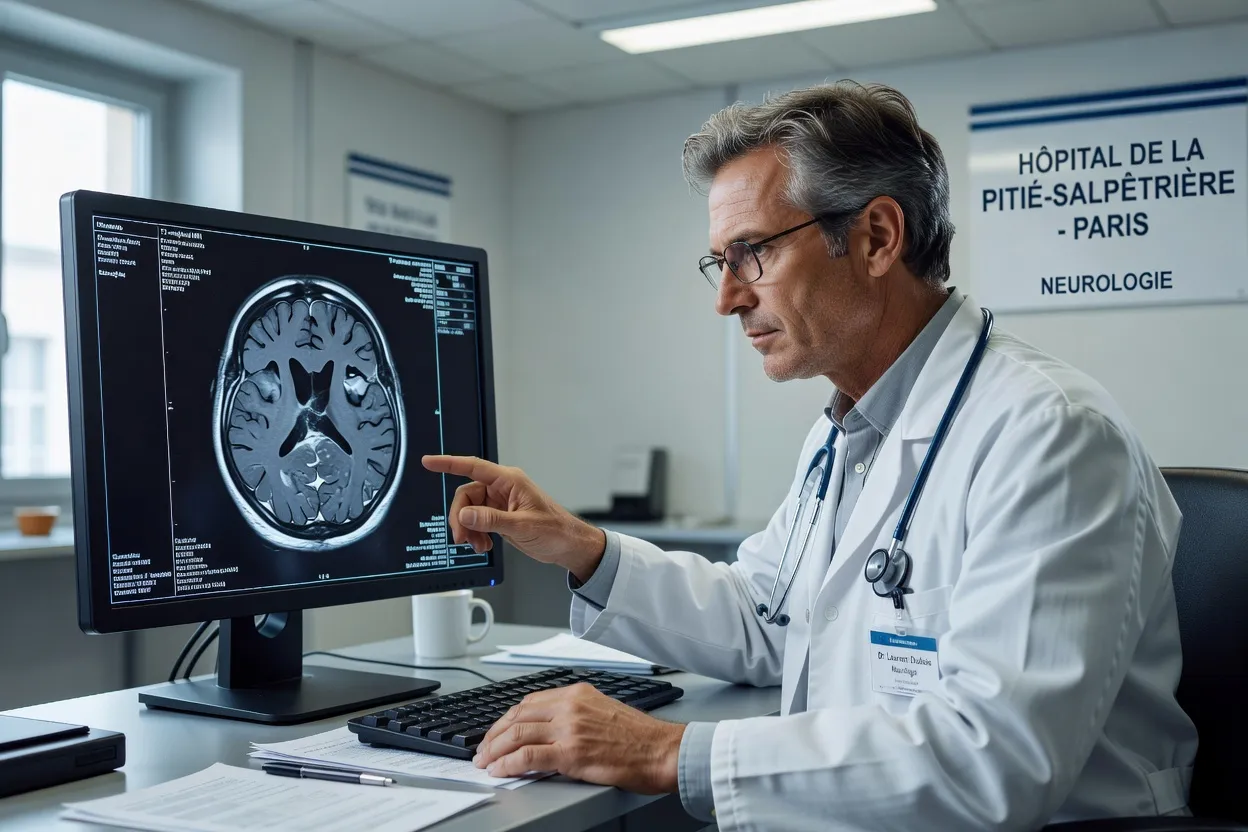 IRM cérébrale affichée sur un écran avec un neurologue qui l’analyse