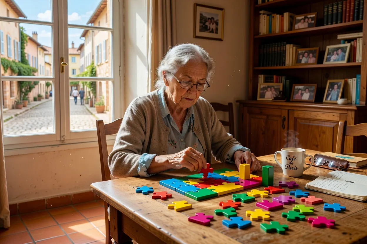 Femme âgée faisant des exercices cognitifs avec des puzzles colorés