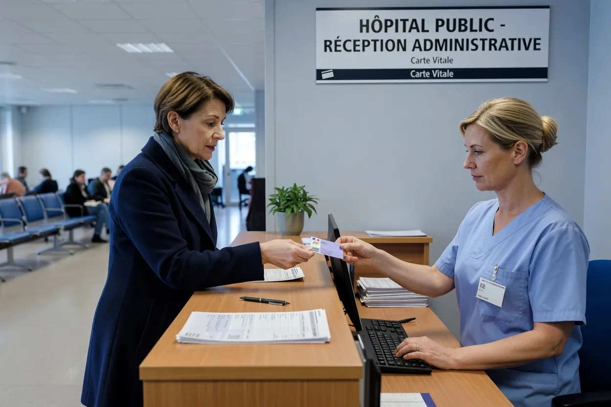 Carte Vitale, ordonnance et carte d'assurance maladie sur bureau blanc