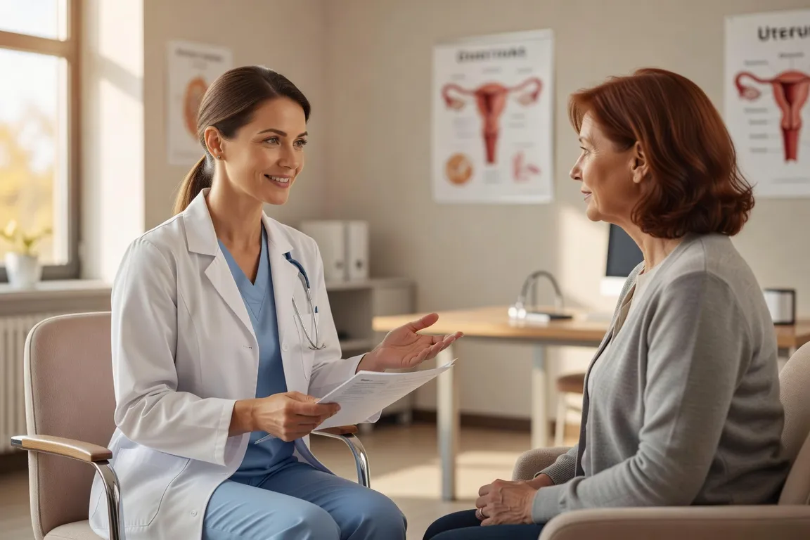 Gynécologue en consultation avec une patiente de 45 ans pour un suivi ménopause