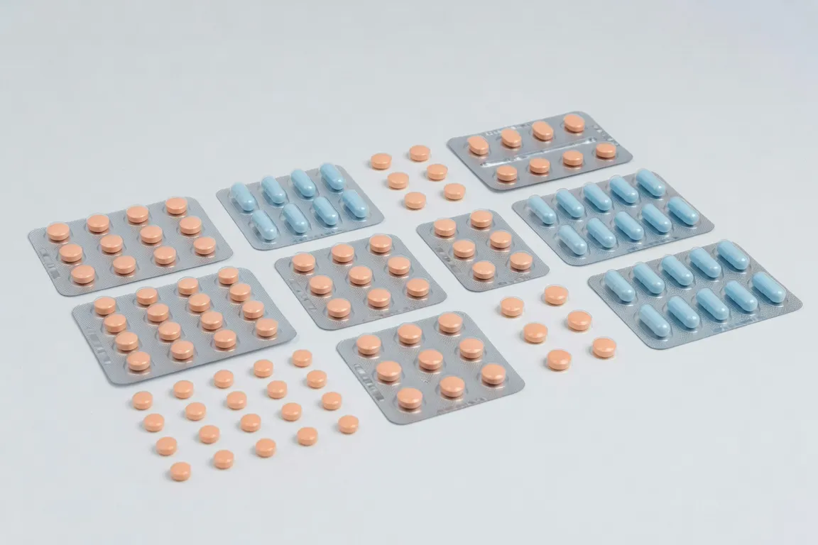 Médicaments du traitement hormonal de substitution (THS) : comprimés et pilules sur fond blanc