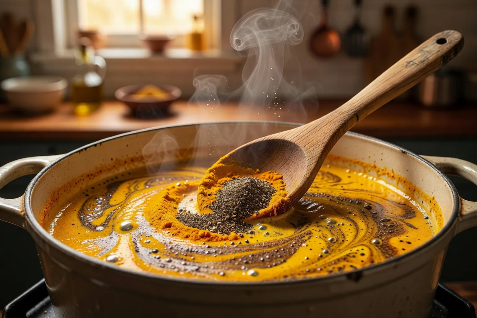 Détail macro d'une cuillère en bois remuant du curcuma et du poivre noir dans une casserole mijotant, vapeur s'élevant, photographie de cuisine chaleureuse et intime