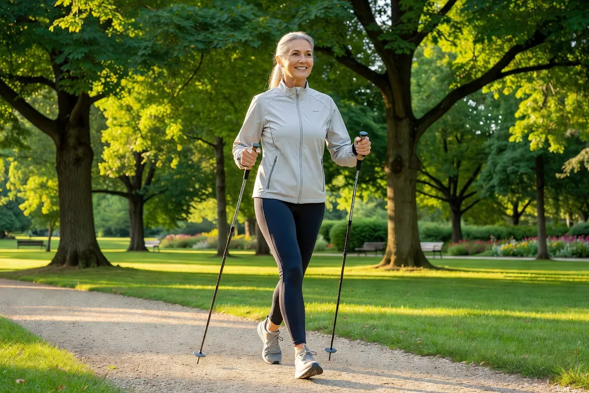 Femme senior pratiquant la marche nordique pour prévenir les chutes et l'ostéoporose