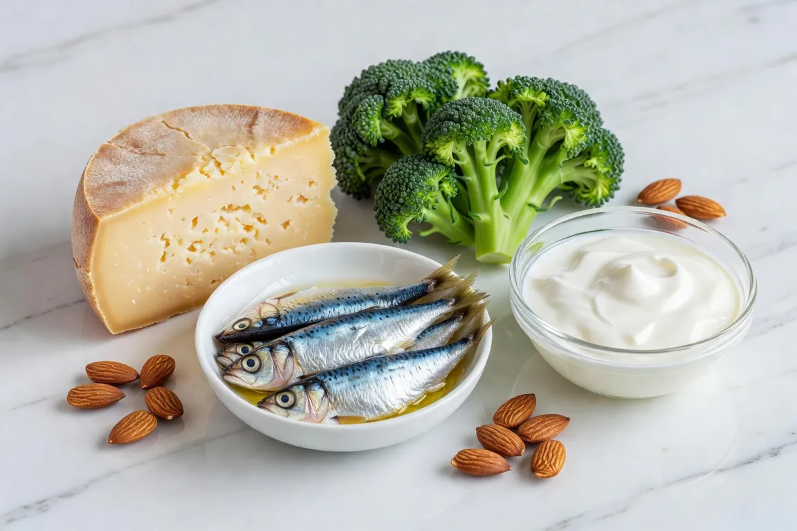 Aliments riches en calcium : fromage, sardines, brocoli, amandes pour prévenir l'ostéoporose