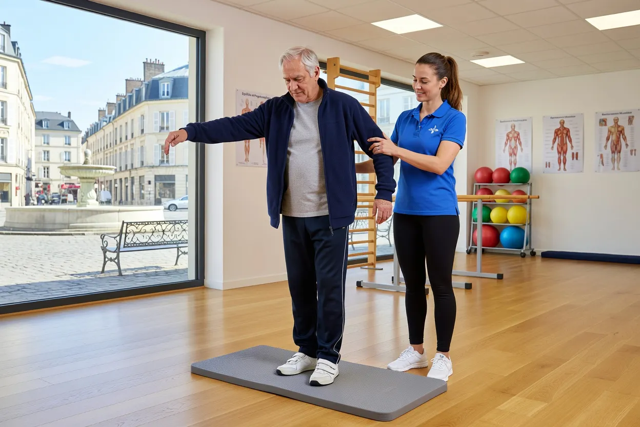 Senior utilisant une aide à la marche dans un couloir aménagé avec barres d'appui