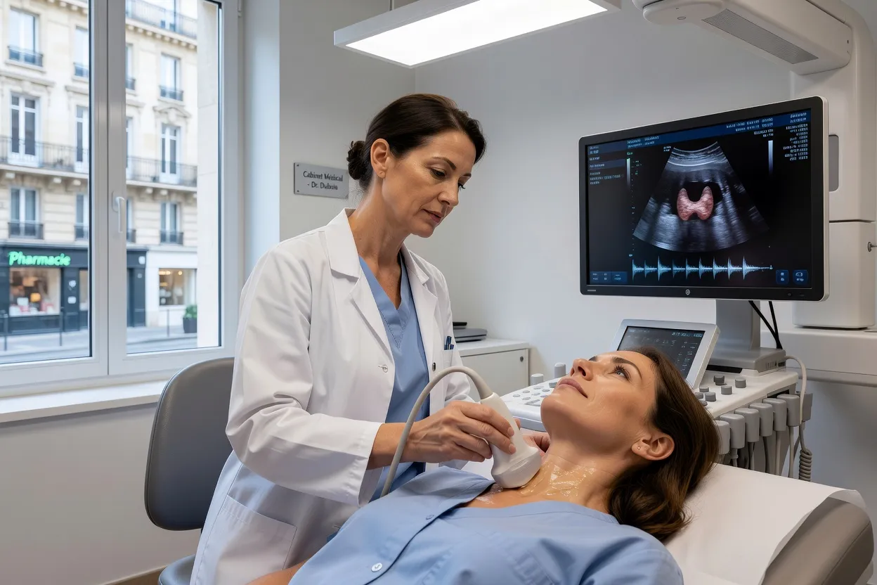 Consultation médicale pour bilan thyroïdien avec palpation du cou