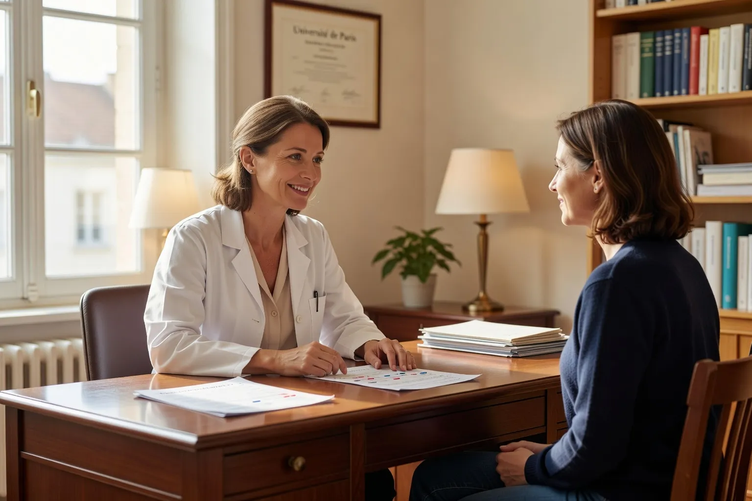 Médecin généraliste caucasienne européenne discutant des résultats d'analyses sanguines avec une patiente caucasienne quarantenaire, cabinet médical français