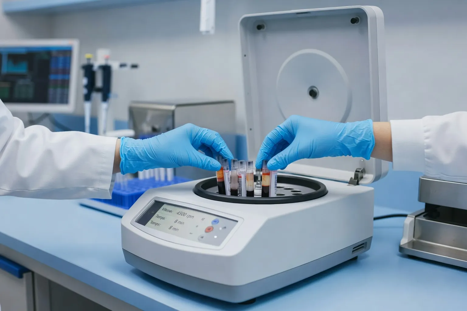 Gros plan de mains de technicien de laboratoire centrifugeant des échantillons sanguins, laboratoire français moderne, tonalités bleues et blanches stériles