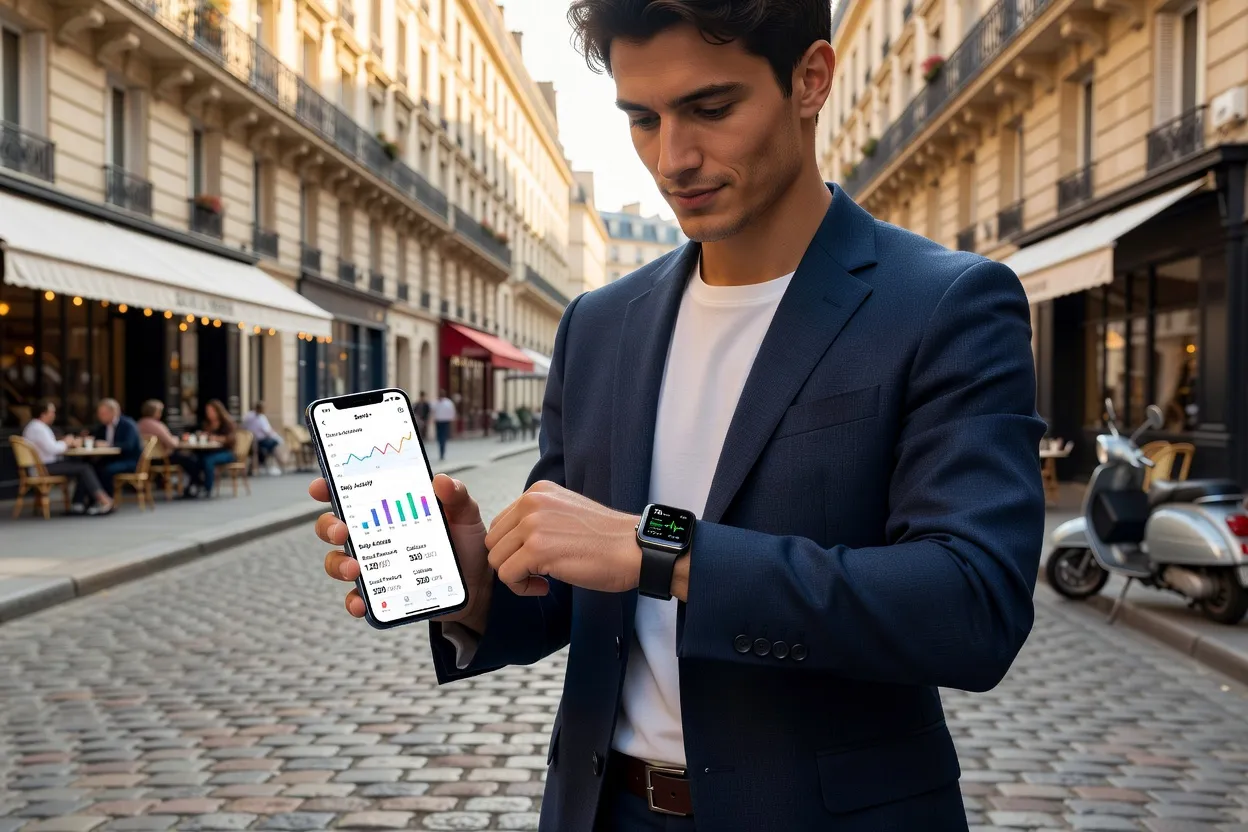 Smartphone affichant un tableau de bord application santé avec fréquence cardiaque et pas