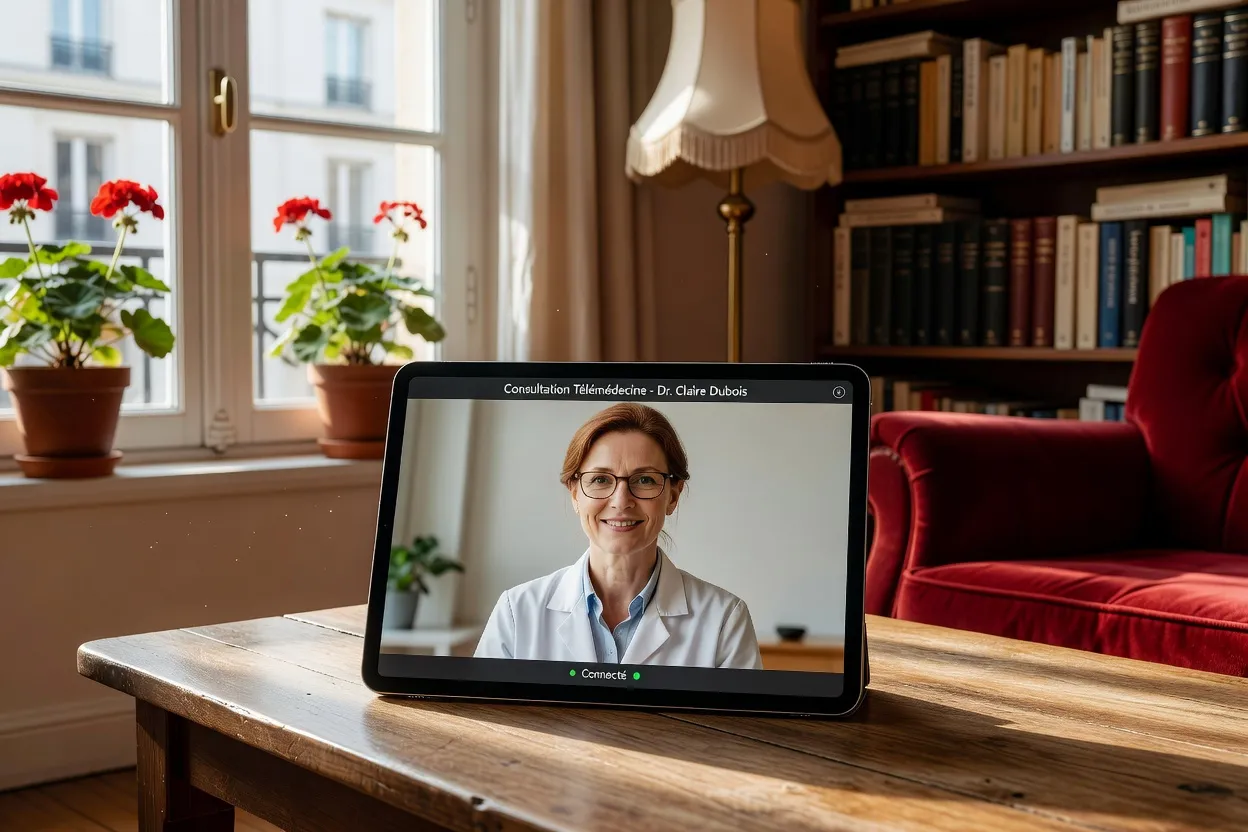 Senior en téléconsultation sur tablette dans son salon