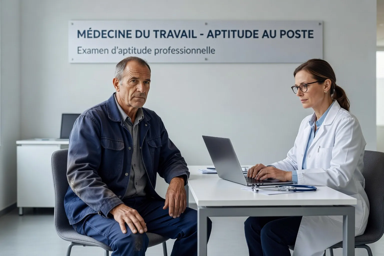 Medecin du travail en consultation avec un salarie pour evaluation d'aptitude